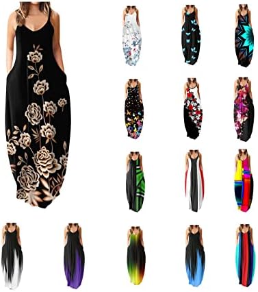 שמלות מקסי ללא שרוולים מזדמנים של UBST לנשים בגודל, רצועת ספגטי קיץ גרפית שמלה ארוכה רופפת עם כיס