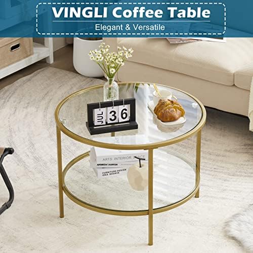 שולחן קפה זכוכית וינגלי, 25.6 עגול שמפניה זהב שולחנות קפה לסלון, 2 קומות זכוכית למעלה שולחן קפה עם אחסון שולחן