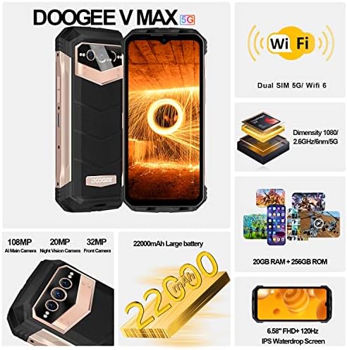 DOOGEE V MAX 5G סמארטפון מחוספס, 120 הרץ 6.58 אנדרואיד 12 טלפונים מחוספסים לא נעולים, 22000mAh