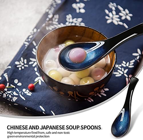 4 חתיכות יפני וקוריאני קרמיקה מרק כפות סט ארוך ידית כפות רטרו כחול ראמן קערת מרק כפית מתאים מרק, רוטב, עוגה,