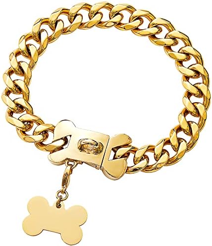 צווארון שרשרת כלבי זהב טובלנדי צווארון שרשרת מתכת הולכת עם אבזם צורת עצם עיצובית, קישור קובני 18K 19