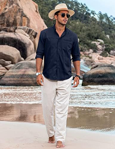 חולצות פשתן לגברים קואופנדי כפתור מזדמן של חולצת חוף שרוול ארוך עם כיס