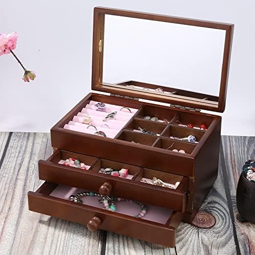 קופסת אחסון אוסף תכשיטים מעץ עם מגירת צמידים קופסת תכשיטים עגילים