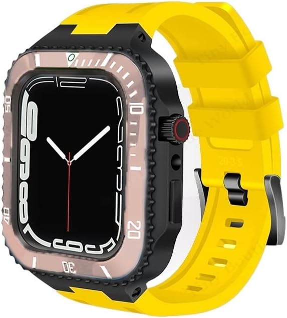 מארז יוקרה בולסה+פס עבור Apple Watch 44 ממ 45 ממ ערכת שינוי מתכת מסגרת מתכת מסגרת מסגרת גומי רצועת מוד
