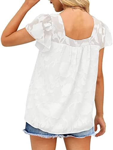 חולצה טרנדית לנשים עם חולצות רשת שרוולי רשת מרובעות שרוולי כובע חולצות צבע אחיד 2023 צמרות לבושות קיץ