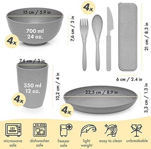 פודל חיטה קש כלי אוכל סטים עבור 4-קל &מגבר; בלתי שביר מנות-מיקרוגל & מגבר; מדיח כלים בטוח -