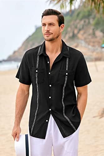 גברים של קובני גואיאברה חולצות כותנה פשתן קצר שרוול חולצה מזדמן היפי חוף כפתור למטה כיס חולצה