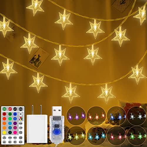 אורות מיתרים כוכבים משתנים צבע, 100 אורות נצנוץ LED אטומים למים, אורות פיות מופעלים על ידי USB 33ft עם טיימר מרחוק