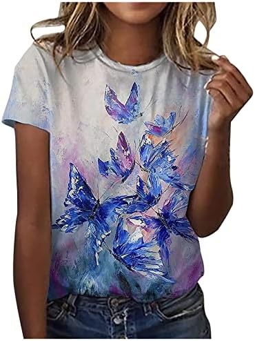 חולצת טי קיץ של נשים קיץ חולצות צבעוניות צבעוניות חולצות צוואר עגול פרפרים הדפסים חולצות שרוול