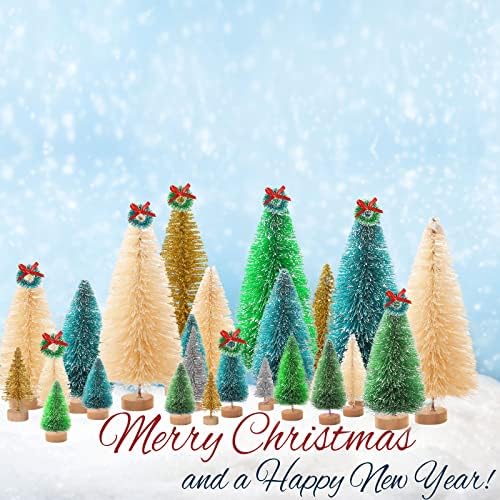 58 PCS מיני עצי חג המולד מיניאטוריים סיסל שלג עצי כפור עצי בקבוק עצי מברשת עץ דיורמה מפלסטיק למלאכות DIY שולחן