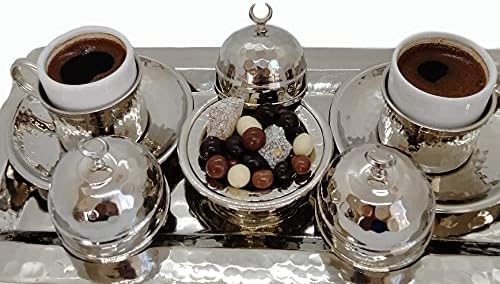 קפה טורקי - נחושת בעבודת יד טורקית - יוונית - סט קפה ערבי - צלחת מחזיק מתכת חרסינה וכוס אספרסו עם מכסה