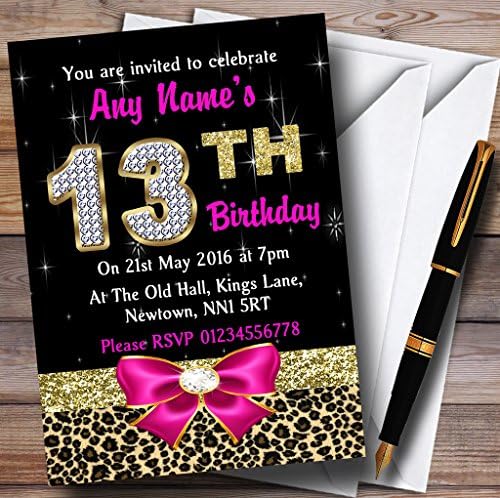 פינק יהלום ונמר הדפס מסיבת יום הולדת 13 הזמנות בהתאמה אישית