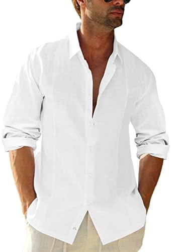 כפתור Mens Karlywindow חולצות שרוול ארוך פשתן מזדמן כותנה כותנה קובנית קובנית חוף קיץ חוף טופ חולצה