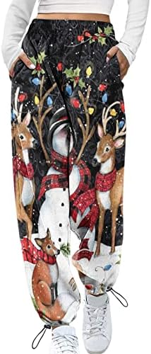 מכנסי טרנינג לחג המולד של נשים קשורים צבע אלסטי מותניים אלסטיים אתלטי רצים הדפס טרנדי סינץ 'תחתון