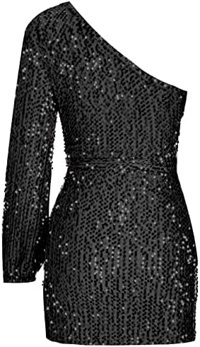 קיץ נשים נצנצים שמלה סקסי כתף אחת ארוך שרוול שחור נוצץ בגד גוף שמלת חגורת קוקטייל המפלגה מיני שמלה