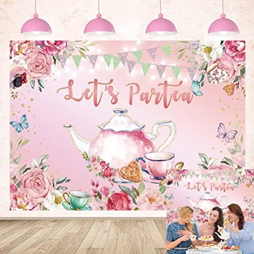 בואו לחגוג רקע אביב ורוד פרחוני פרפר גליטר מסיבת תה צילום רקע ילדה מתוקה גן אחר הצהריים תה מסיבת יום הולדת