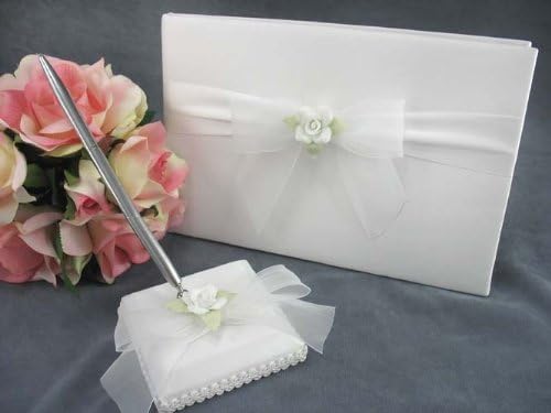ספר אורחים לחתונה של ורד לבן ועט עט: סט צבע: עט לבן/כסף