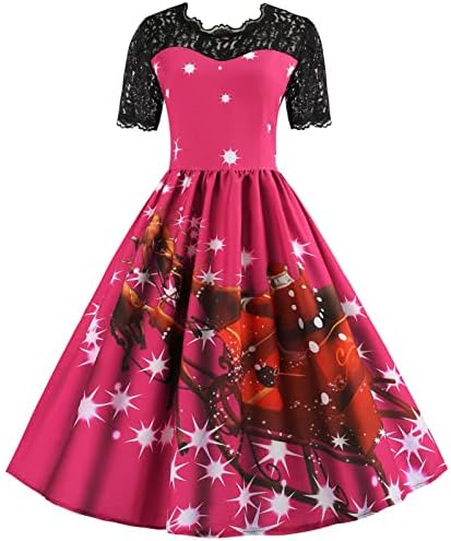 חג המולד תה שמלת עבור נשים של 1950 בציר רוקבילי נדנדה שמלת תחרה שחבור קצר שרוולים מסיבת מידי שמלה