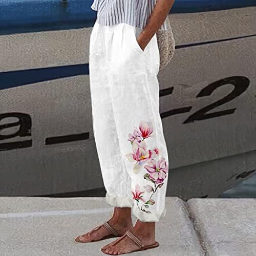 Grge Beuu לנשים קיץ הדפס פרחוני מזדמן מכנסי פשתן כותנה רופפת מכנסיים מחודדים מכנסי טרנינג עם כיסים עם כיסים