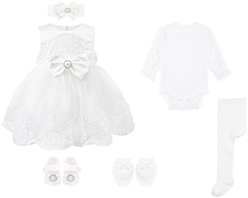 טאפי תינוקת טבילה טבילה שרקמה שמלת שמלה לבנה 6 סט דלוקס