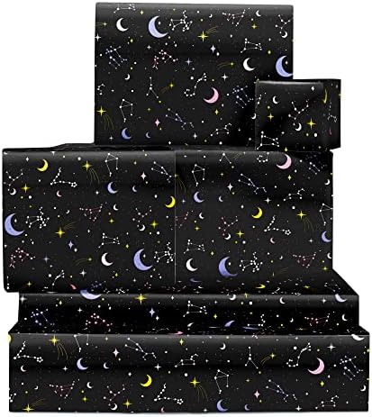 מרכזי 23 שטח גלישת נייר - 6 גיליונות של מתנה לעטוף - שחור וסגול לעטוף-קבוצות כוכבים גלקסי נייר-כוכבים וירח-יום