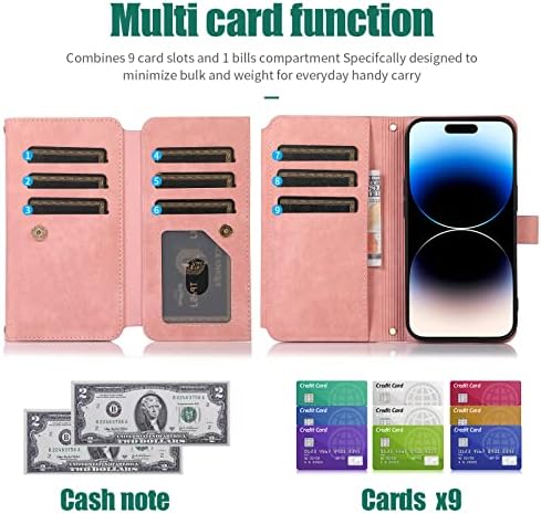 תואם עם אייפון 14 פרו מקס 6.7 אינץ ארנק מקרה 9 כרטיס חריצים רטרו עור להעיף אשראי כרטיס בעל