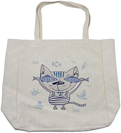תיק קניות דגים של אמבסון, חתול שובב עם דגים בתליון עוגן חולצת טריקו מפוספס ושלט ימי ימי, תיק לשימוש חוזר
