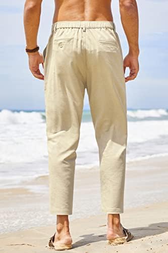מכנסי פשתן כותנה של קואופנדי גברים מותניים אלסטיים מכנסיים מזדמנים קלים משקל קלים מכנסי חוף יוגה עם