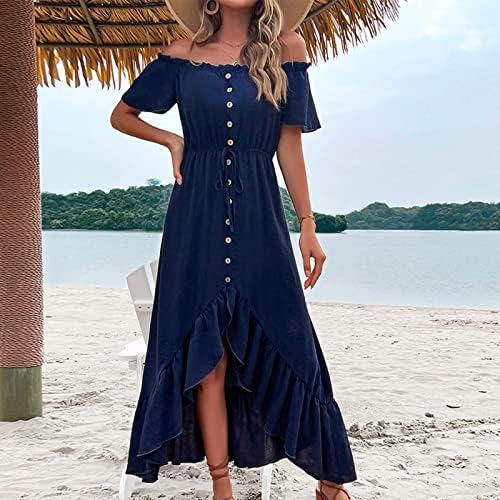 קיץ לנשים בקיץ הכתפיים בצבע אחיד ראפלס שמלה מזדמנת לא סדירה מפוצלת ארוכות חוף מקסי חוף מקסי