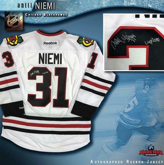אנטי ניאמי חתמה על שיקגו בלקוהוקס ג'רזי לבן - גביע 2010 - גופיות NHL עם חתימה