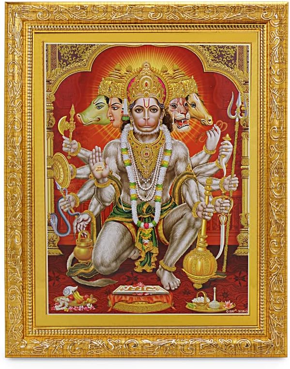Pannchmukhi Hanuman Golden Zari Art Work צילום בקיר תלוי מסגרת מוזהבת או