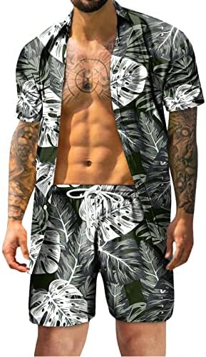 תלבושות אימוניות 2 חלקים לגברים מותחים חולצה הוואי טרופית ותפאורות קצרות של חליפות T Muscle Fichy