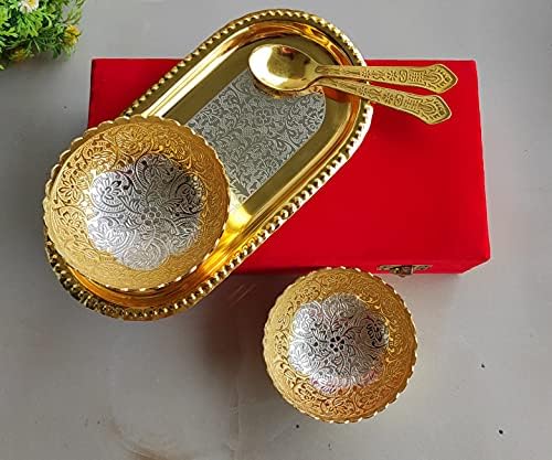 סט קערה מלוטש זהב מצופה ארט הודי עם מגש כף, פריט מתנה של דיוואלי