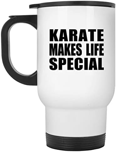 Designsify Karate הופך את החיים למיוחדים, ספל נסיעות לבן 14oz, כוס מבודד מפלדת אל חלד, מתנות ליום