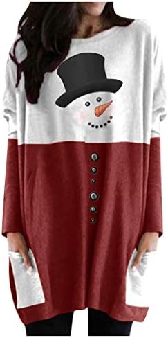 נשים בגדי חג המולד חמוד שלג גרפי הדפסת טיז ארוך שרוול צבע בלוק צוואר טוניקת מסיבת חולצות לנשים