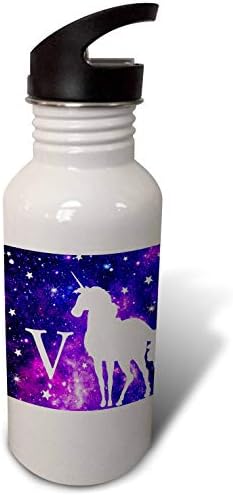3drose אות V מונוגרמה חד קרן כוכבי חלל סגולים בהתאמה אישית ראשונית V - בקבוק מים קש, 21oz, היפוך, לבן