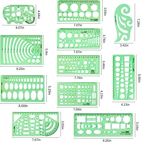 תבניות מדידה ירוקות מפלסטיק שליטים גיאומטריים בניין טפסים רישומי ציור פלסטיק שבלונות תבניות סגלגלות קנה