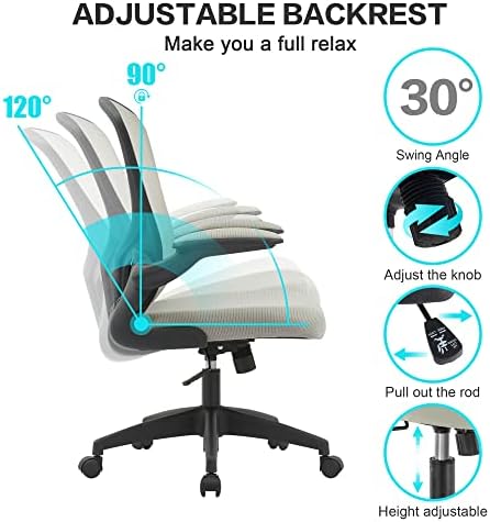 כיסא משרדי פליקסקינג, כיסא שולחן ארגונומי עם גובה מתכוונן, כיסא רשת מחשב מסתובב עם תמיכה מותנית וזרועות הפוך, משענת
