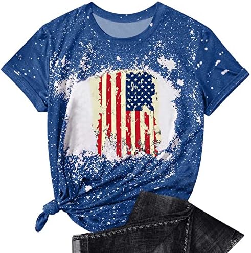 Tops 4 ביולי של נשים וינטג 'וינטג' חולצות טריקו דגל אמריקאי כוכבים ופסים חולצות O-צוואר שרוול קצר חולצות קיץ
