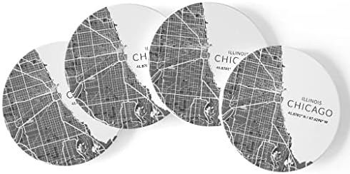 מפת שיקגו מינימליסטית, Joyride Home Décor 4 תחתיות קרמיקה, חופי משקה מעגל בגודל 4 אינץ ', סט של 4, קורק שאינו החלקה,