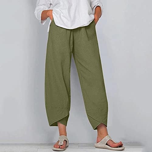 מכנסי פשתן כותנה לנשים מותניים אלסטיים קיץ רחב מכנסי חוף רגליים רגועות מכנסי טרנינג מוטות מזדמנים