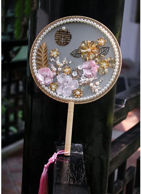 Ycfbh קשר סיני פרחים ורודים מאווררי כלות חרוזים פרל גביש זהב תלבושת עתיקה תחפושת עגולה כלה מעריץ יד