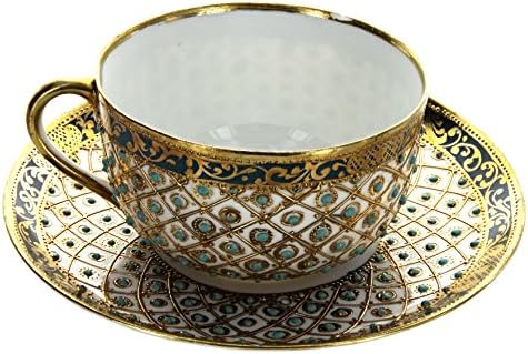 יישום ניפון מנוסה על ידי ניפון יישום זהב ירוק וכוס תה טורקיז כוס צלוחית עם צלוחית כחולה 1/4 אינץ 'עלים מייפל