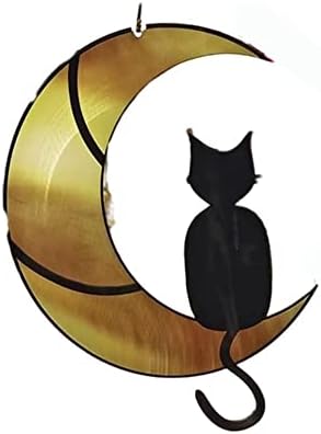 חתול בירח שחור טאבי חתול דקור על ירח מוכתם זכוכית חלון תליות חתול זיכרון מתנות עבור אוהבי חתול, חתול