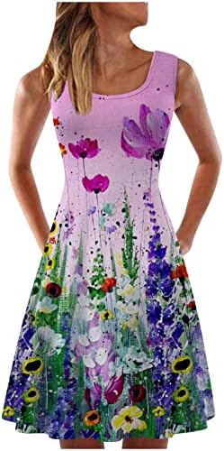 שמלות קיץ של ליוגו לנשים הדפס פרחוני חוף פרחוני קו שופך שופע שמלת צוואר סקופ ללא שרוולים מזדמנים שמלת