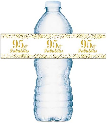95 ותוויות בקבוקי מים נהדרים; סט של 20 עטיפות בקבוקי מים אטומים למים; מדבקות זהב ולבנות. תוויות ליום הולדת שמח