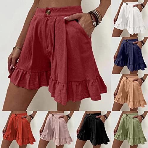 מכנסי פשתן כותנה מזדמנים של נשים קיץ טרנדי טרנדי טהור רגל רחבה רחבה מכנסיים קצרים כפתור מותניים