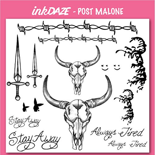 Inkdaze Post Malone Face Settoo Set - קעקועים זמניים - קעקוע בטוח לעור - אביזרי קעקועים - 16 חתיכות