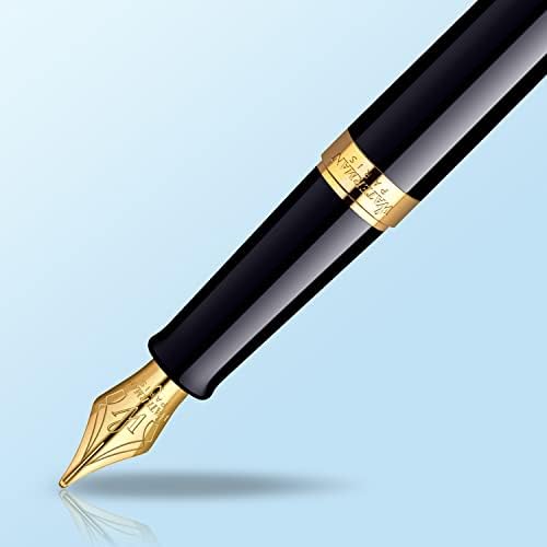 עט נובע, שחור עם גימור זהב, ציפורן בינונית, דיו כחול, קופסת מתנה