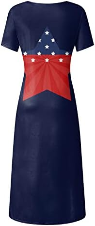 4 יולי שמלה לנשים מקרית קיץ בוהמי מקסי שמלת ארהב דגל קצר שרוול סקופ צוואר פטריוטית ארוך שמלה קיצית
